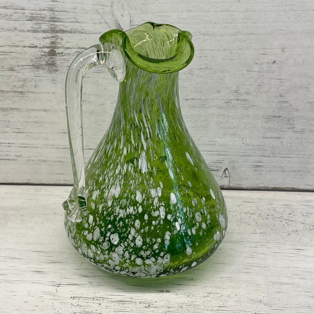 Vintage Green & White Speckled Hand Blown Mini Glass Pitcher Applied Handle